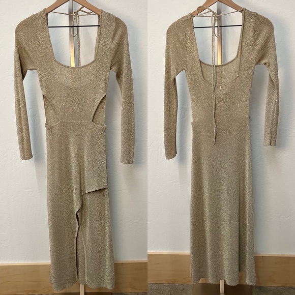 NWT Misa Los Angles Metallic Gold Beige Knit Cut Out Midi Sweater Dress - Picture 13 of 13